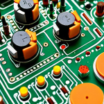 **Close-up of various electronic components (resistors, capacitors, microcontrollers) arranged artistically, symbolizing innovation. Focus on detail and vibrant colors.** This captures the "Componenti Elettronici: I Mattoni dell'Innovazione" section.