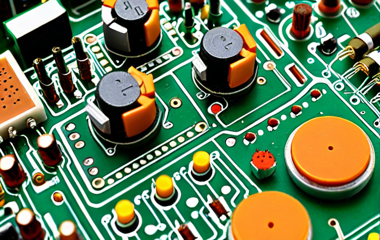 **Close-up of various electronic components (resistors, capacitors, microcontrollers) arranged artistically, symbolizing innovation. Focus on detail and vibrant colors.** This captures the "Componenti Elettronici: I Mattoni dell'Innovazione" section.