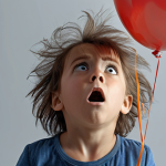 A child looking amazed as their hair stands up and is attracted to a balloon rubbed on clothing, demonstrating static electricity. The scene should evoke a sense of wonder and discovery.