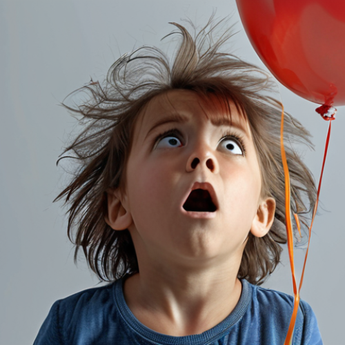 A child looking amazed as their hair stands up and is attracted to a balloon rubbed on clothing, demonstrating static electricity. The scene should evoke a sense of wonder and discovery.