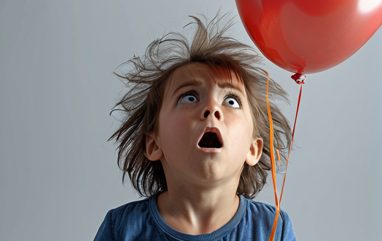 A child looking amazed as their hair stands up and is attracted to a balloon rubbed on clothing, demonstrating static electricity. The scene should evoke a sense of wonder and discovery.