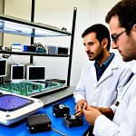 **A bustling electronics lab in Milan, Italy, showcasing researchers from Politecnico di Milano collaborating with engineers from a local electronics company. The scene highlights the fusion of academic research and practical application, with advanced materials like graphene and flexible polymers on display. Emphasize a collaborative atmosphere with data sharing and problem-solving.**
