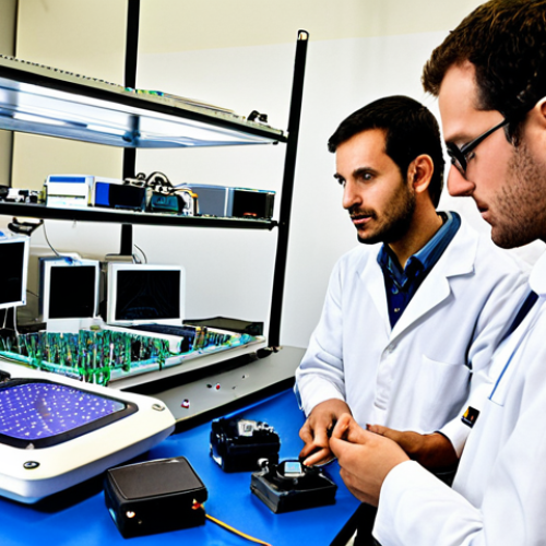 **A bustling electronics lab in Milan, Italy, showcasing researchers from Politecnico di Milano collaborating with engineers from a local electronics company. The scene highlights the fusion of academic research and practical application, with advanced materials like graphene and flexible polymers on display. Emphasize a collaborative atmosphere with data sharing and problem-solving.**