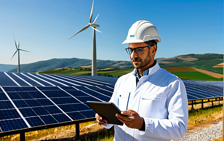 A professional Italian electrical engineer, fully clothed in a modest, modern safety suit and hard hat, standing confidently amidst a vast, active solar power plant. The engineer is holding a digital tablet, reviewing data with a focused, intelligent expression. The background features rolling Italian hills under a bright sky, with rows of advanced photovoltaic panels extending towards the horizon and a distant, sleek wind turbine. The scene emphasizes sustainable energy and technological advancement. High-quality professional photography, ultra-realistic, natural lighting, sharp focus, perfect anatomy, correct proportions, well-formed hands, natural body proportions, natural pose, safe for work, appropriate content, fully clothed, professional dress, family-friendly.