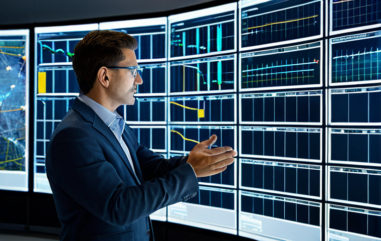 A professional electrical engineer, fully clothed in a modest business suit, stands in a sophisticated energy grid control center. Large, high-resolution screens display intricate real-time data visualizations of energy flow, smart grid analytics, and predictive models. Holographic projections show an interconnected network of power lines and substations. The atmosphere is high-tech and focused, emphasizing intelligent optimization. Perfect anatomy, correct proportions, natural pose, well-formed hands, proper finger count. Professional photography, high quality, safe for work, appropriate content, fully clothed, professional, family-friendly.