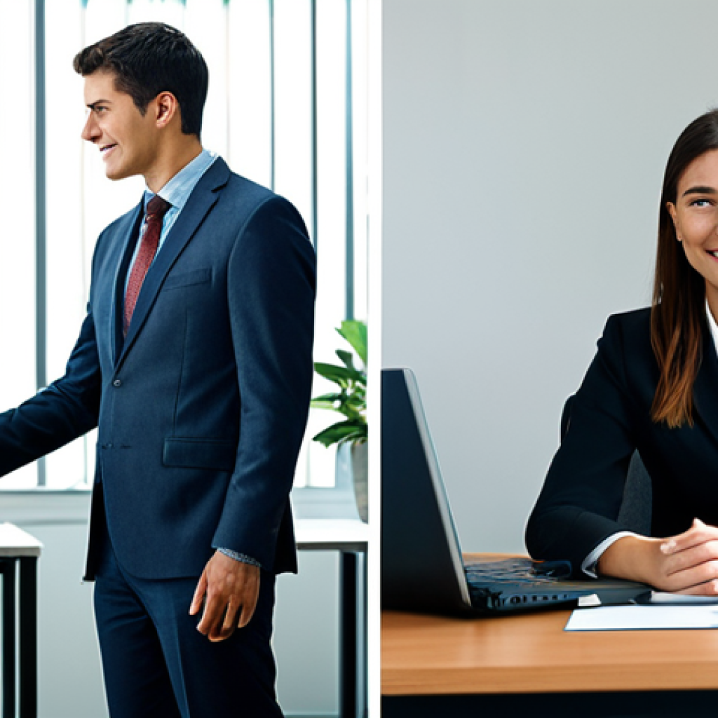 A dual image presenting two contrasting professional scenarios. On the left side, a male professional, fully clothed in modest business casual attire, sits at a simple, somewhat cluttered desk in a generic, slightly dim office cubicle, looking somewhat uninspired, representing limited career prospects. On the right side, a confident female professional, fully clothed in a sharp, professional business suit, stands in a bright, modern office lobby, shaking hands with a colleague, her posture exuding success and new opportunities. The scene emphasizes professional growth and expanded horizons. safe for work, appropriate content, perfect anatomy, correct proportions, natural pose, well-formed hands, proper finger count, natural body proportions, professional photography, high quality, modest clothing.
