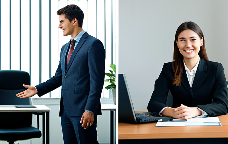A dual image presenting two contrasting professional scenarios. On the left side, a male professional, fully clothed in modest business casual attire, sits at a simple, somewhat cluttered desk in a generic, slightly dim office cubicle, looking somewhat uninspired, representing limited career prospects. On the right side, a confident female professional, fully clothed in a sharp, professional business suit, stands in a bright, modern office lobby, shaking hands with a colleague, her posture exuding success and new opportunities. The scene emphasizes professional growth and expanded horizons. safe for work, appropriate content, perfect anatomy, correct proportions, natural pose, well-formed hands, proper finger count, natural body proportions, professional photography, high quality, modest clothing.