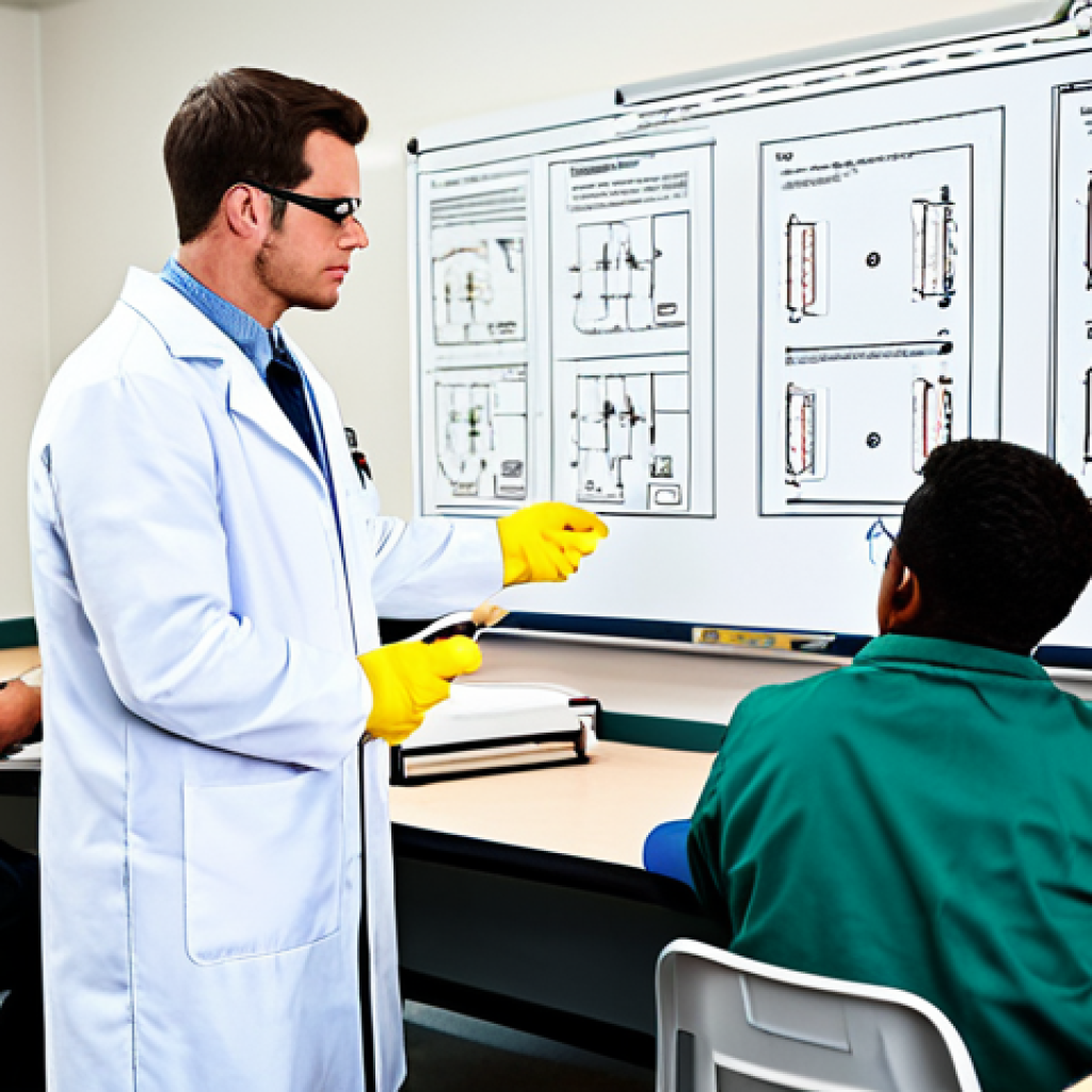 Electrical Safety & Education**
"A classroom scene. Students attentively listening to a professor in a lab coat explaining electrical safety principles with a schematic diagram on a whiteboard. Include safety equipment like insulated gloves and safety glasses. Focus on the importance of grounding and circuit protection. Professional, educational, brightly lit, safe for work, appropriate content, fully clothed, professional attire, perfect anatomy, correct proportions, natural pose."
**