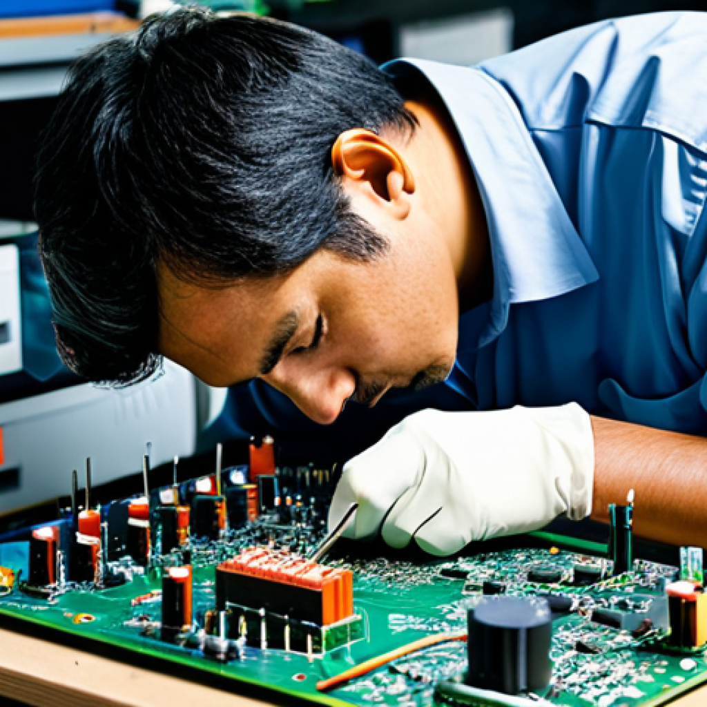 Electronics Technician at Work**

"A professional electronics technician, fully clothed in appropriate work attire, carefully soldering components on a circuit board in a well-organized workshop, safe for work, perfect anatomy, correct proportions, natural pose, high quality, professional photography, modest setting, good lighting."

**