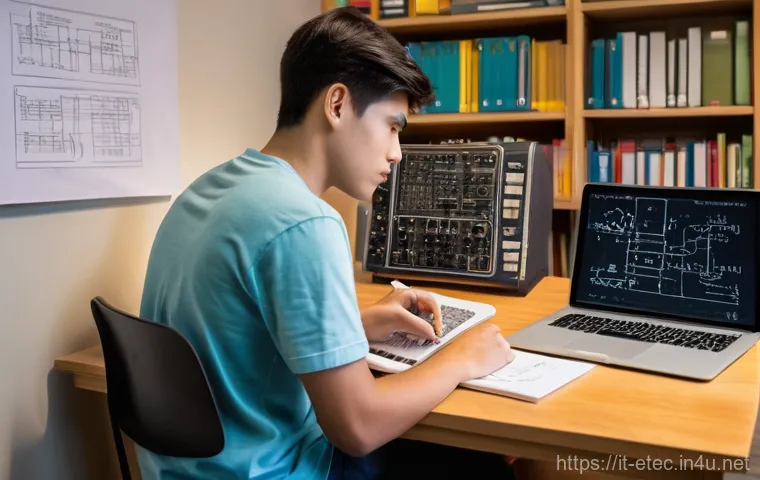 전자기술사 필기시험 교재별 특징 - **Prompt:** A focused electrical engineering student, mid-20s, with short, neat hair and wearing a c...