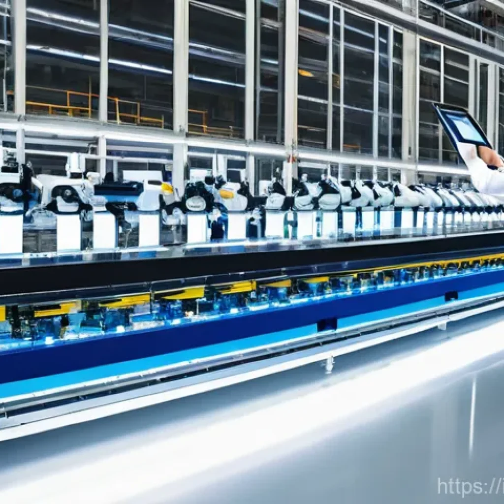 전자기술사와 관련된 직업별 수요 분석 - **Italian Smart Factory of the Future:** A wide-angle, brightly lit shot of a highly advanced, autom...