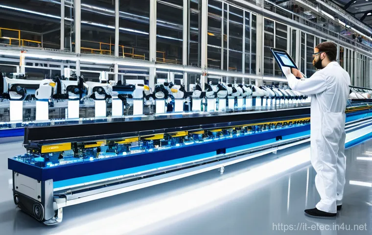 전자기술사와 관련된 직업별 수요 분석 - **Italian Smart Factory of the Future:** A wide-angle, brightly lit shot of a highly advanced, autom...