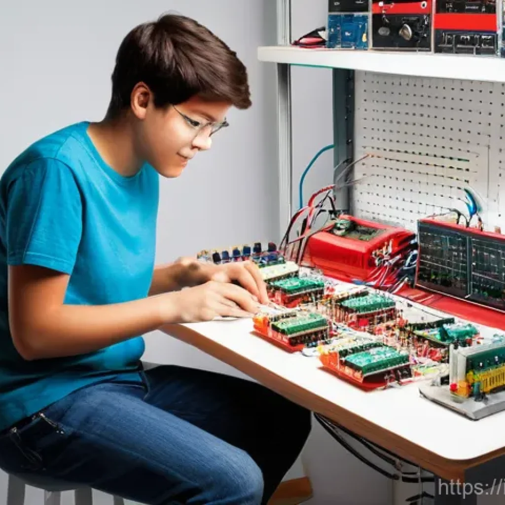 전자기술사와 관련된 기초 회로 설계 방법 - **Prompt:** A vibrant, well-lit workbench scene. A young, enthusiastic hobbyist, appearing to be aro...
