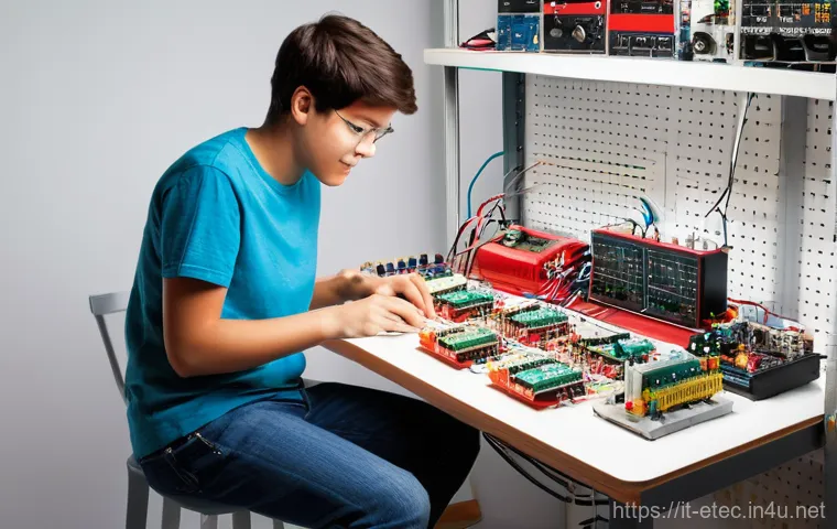 전자기술사와 관련된 기초 회로 설계 방법 - **Prompt:** A vibrant, well-lit workbench scene. A young, enthusiastic hobbyist, appearing to be aro...
