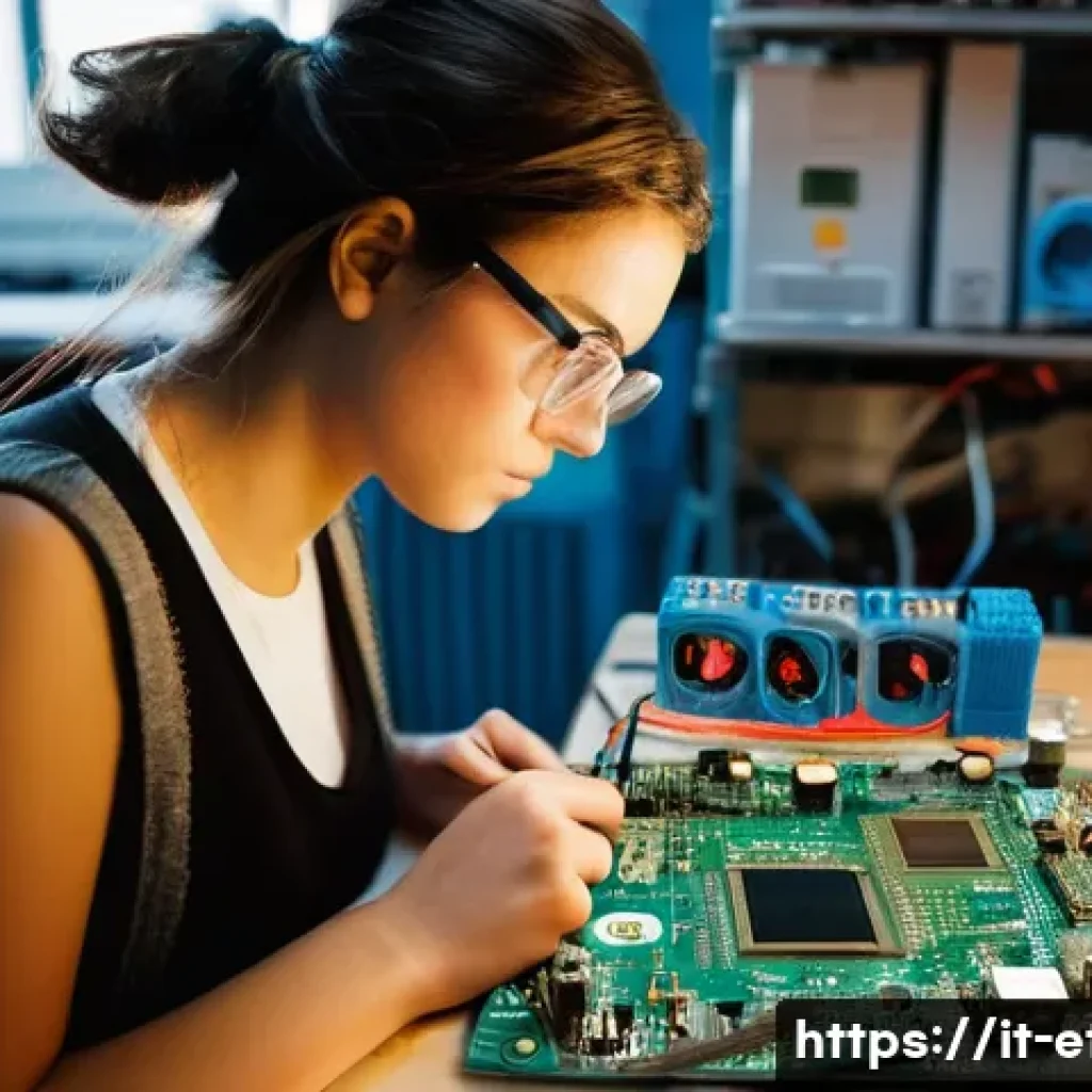 전자기술사와 관련된 자격증 연계 학습 - **Prompt:** "A brightly lit electronics workshop in Rome, Italy. A young woman with safety glasses i...