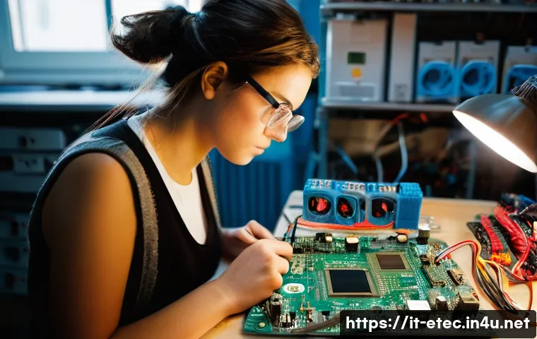 전자기술사와 관련된 자격증 연계 학습 - **Prompt:** "A brightly lit electronics workshop in Rome, Italy. A young woman with safety glasses i...