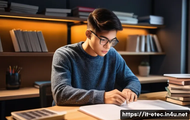 전자기술사 시험의 심리적 준비 방법 - **A focused young engineering student at a well-organized desk, surrounded by advanced textbooks and...