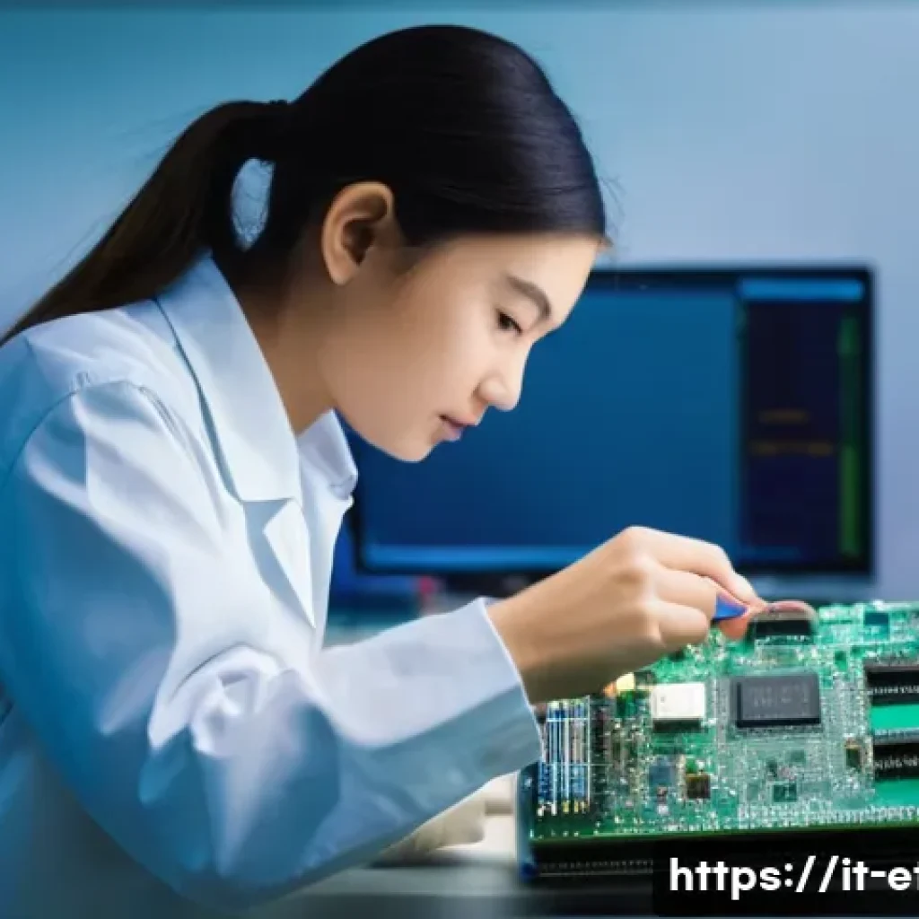 전자기술사 취득 이후 실무 능력 향상 방법 - **Prompt:** A modern, brightly lit electronics lab where a focused young female technician, dressed ...