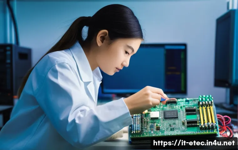 전자기술사 취득 이후 실무 능력 향상 방법 - **Prompt:** A modern, brightly lit electronics lab where a focused young female technician, dressed ...