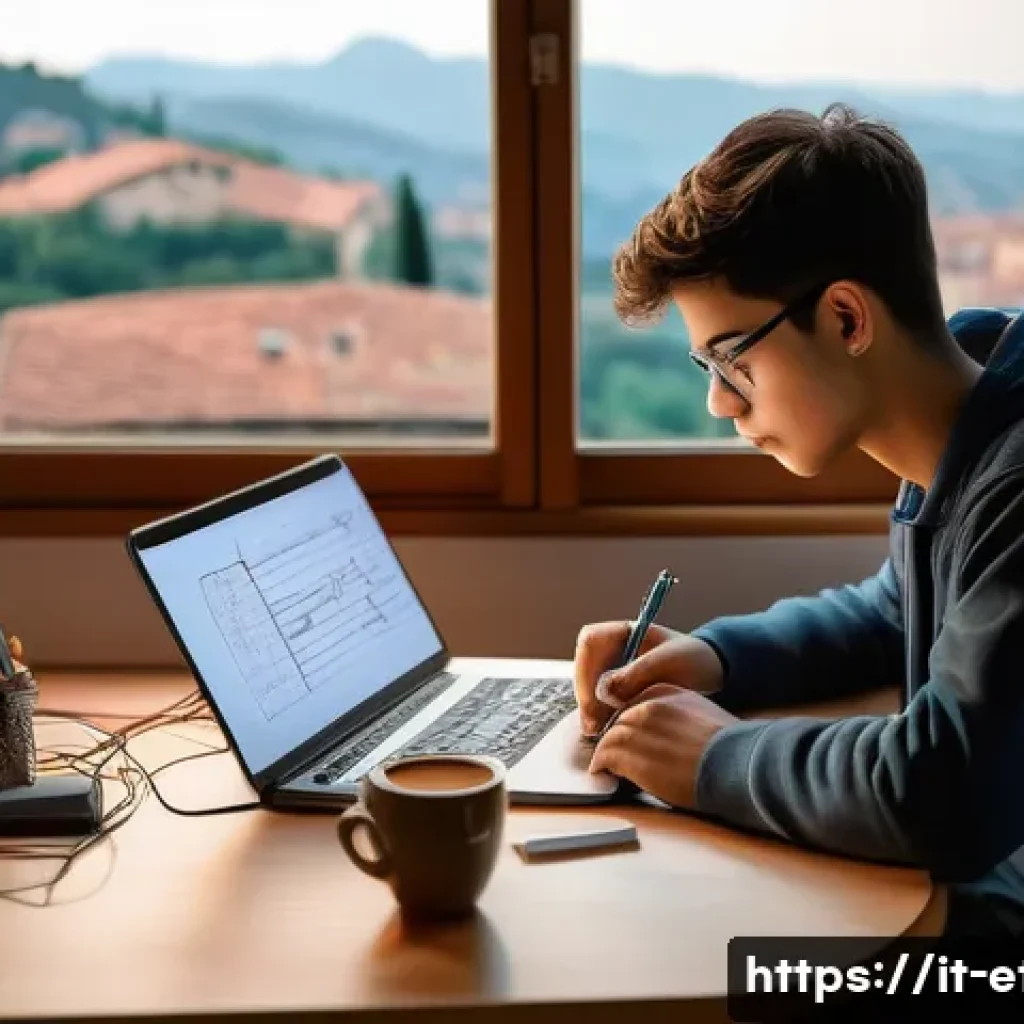 전자기술사 시험 난이도 분석 - A detailed study desk scene of an Italian electronic engineering student preparing for exams, with t...