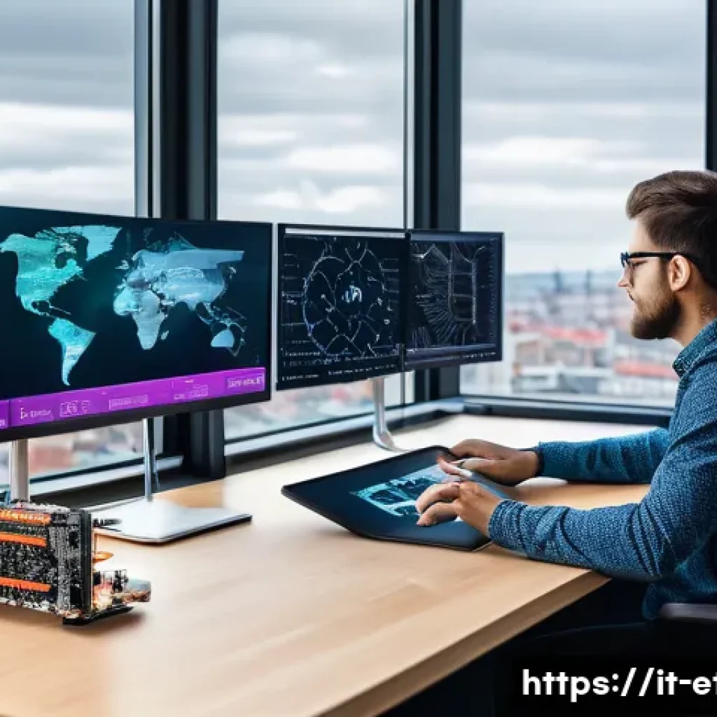 전자기술사와 디지털 변혁과 기술의 역할 - A modern electronics engineer workspace featuring a sleek desk with multiple monitors displaying com...