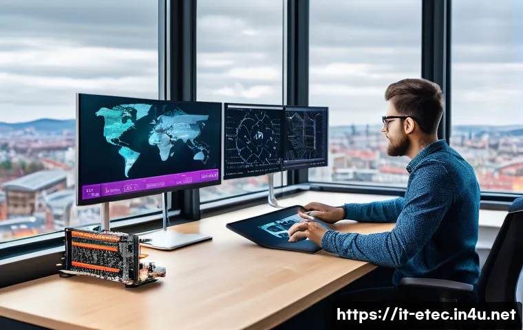 전자기술사와 디지털 변혁과 기술의 역할 - A modern electronics engineer workspace featuring a sleek desk with multiple monitors displaying com...