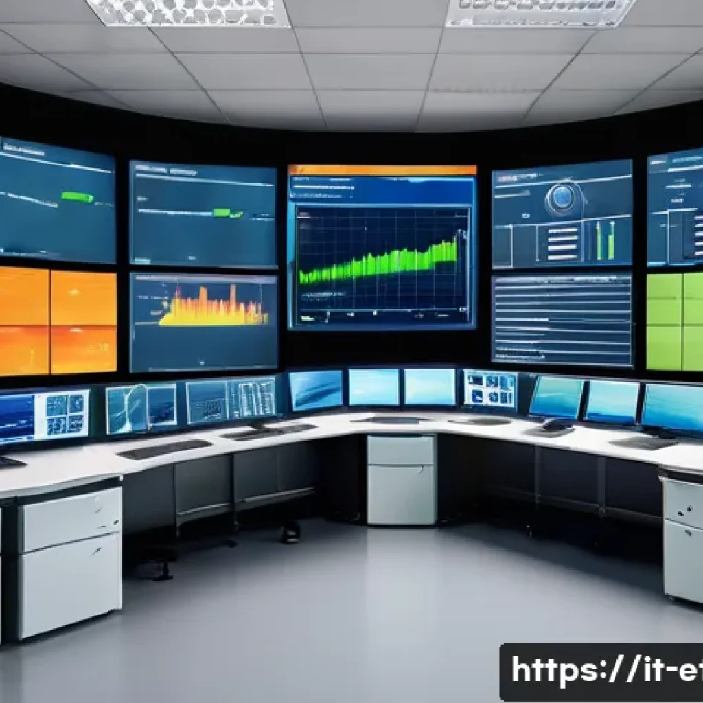전자기술사와 자동화 설비 관리 경험 - A high-tech industrial automation control room featuring multiple large screens displaying real-time...