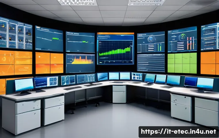 전자기술사와 자동화 설비 관리 경험 - A high-tech industrial automation control room featuring multiple large screens displaying real-time...
