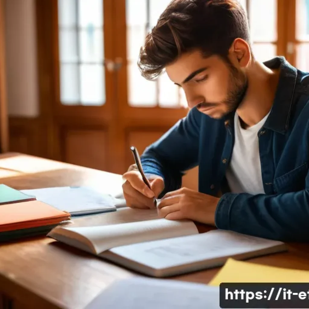 전자기술사 필기시험에서 오답 최소화 전략 - A focused Italian university student sitting at a wooden desk in a cozy, sunlit study room, surround...