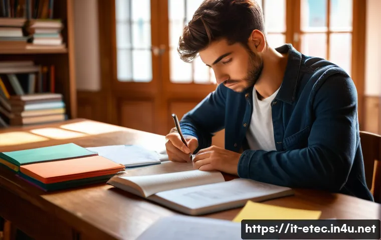 전자기술사 필기시험에서 오답 최소화 전략 - A focused Italian university student sitting at a wooden desk in a cozy, sunlit study room, surround...