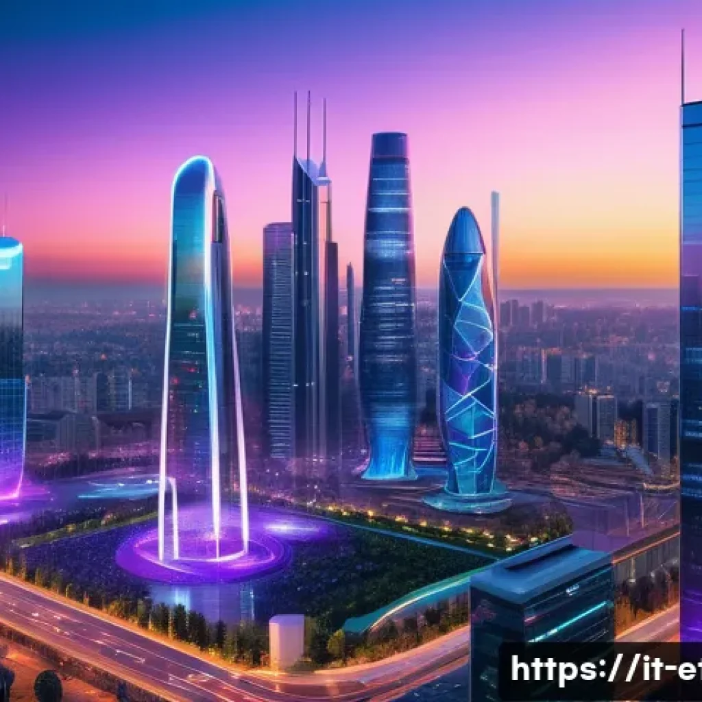 전자기술사와 관련된 산업별 주요 기업 - A futuristic smart cityscape at dusk showcasing an advanced 5G and IoT network infrastructure: sleek...