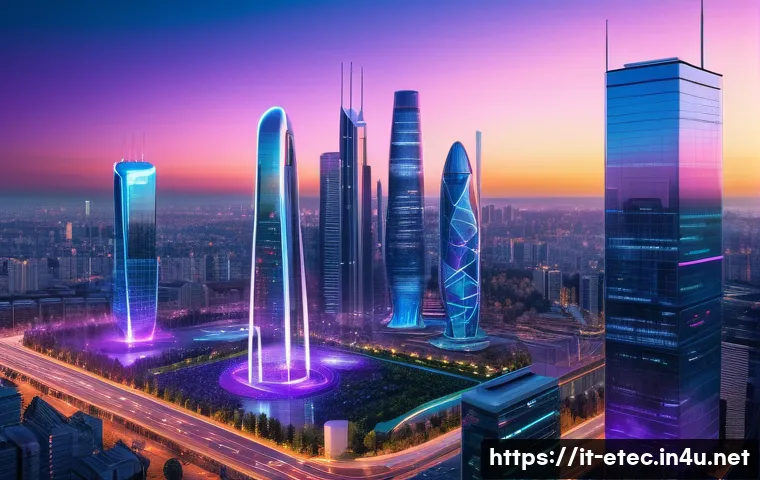 전자기술사와 관련된 산업별 주요 기업 - A futuristic smart cityscape at dusk showcasing an advanced 5G and IoT network infrastructure: sleek...