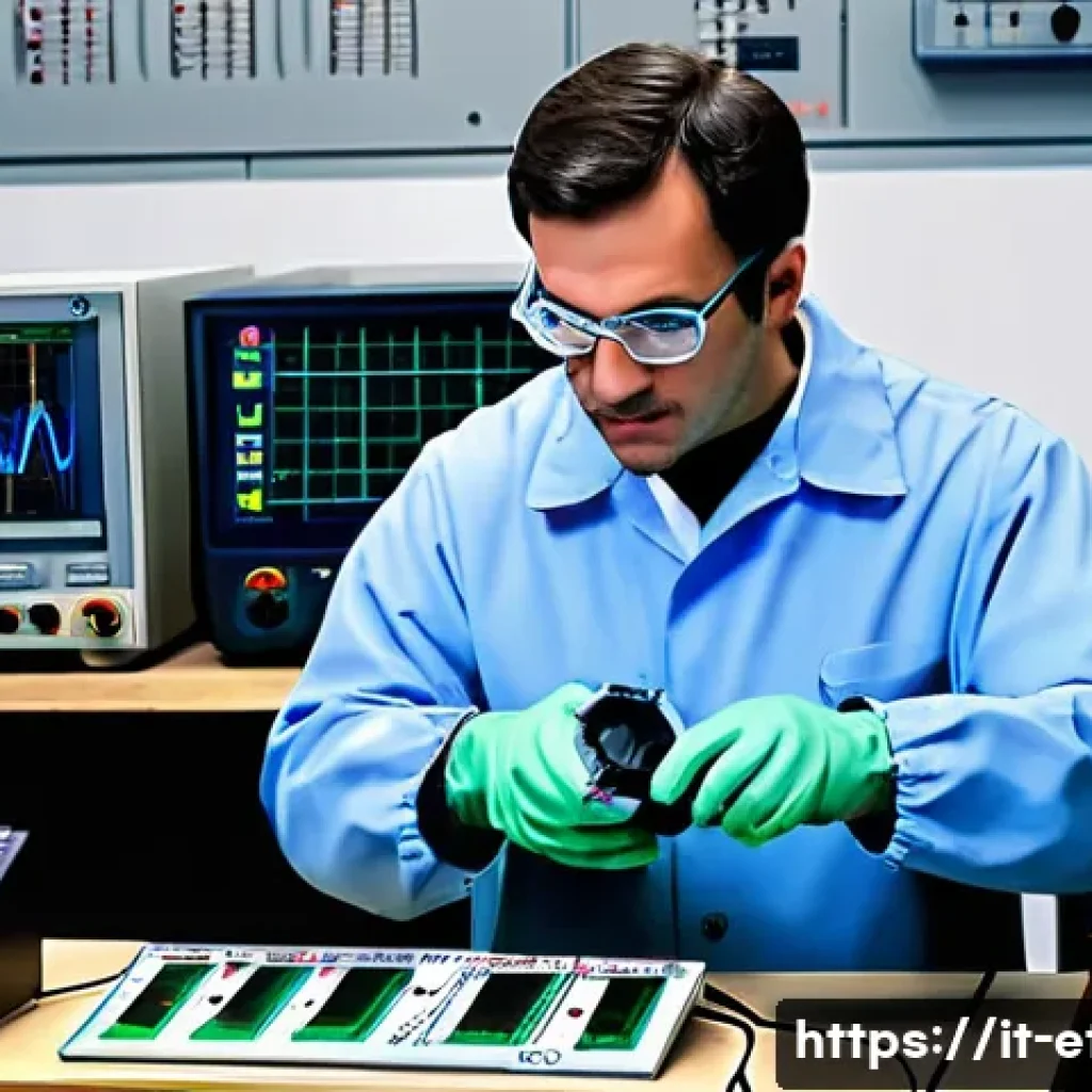 전자기술사 실기시험 장비 설치 및 조작 - A detailed and realistic electronics laboratory scene featuring a skilled technician wearing protect...