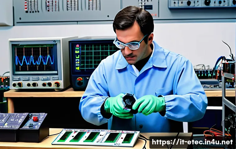 전자기술사 실기시험 장비 설치 및 조작 - A detailed and realistic electronics laboratory scene featuring a skilled technician wearing protect...