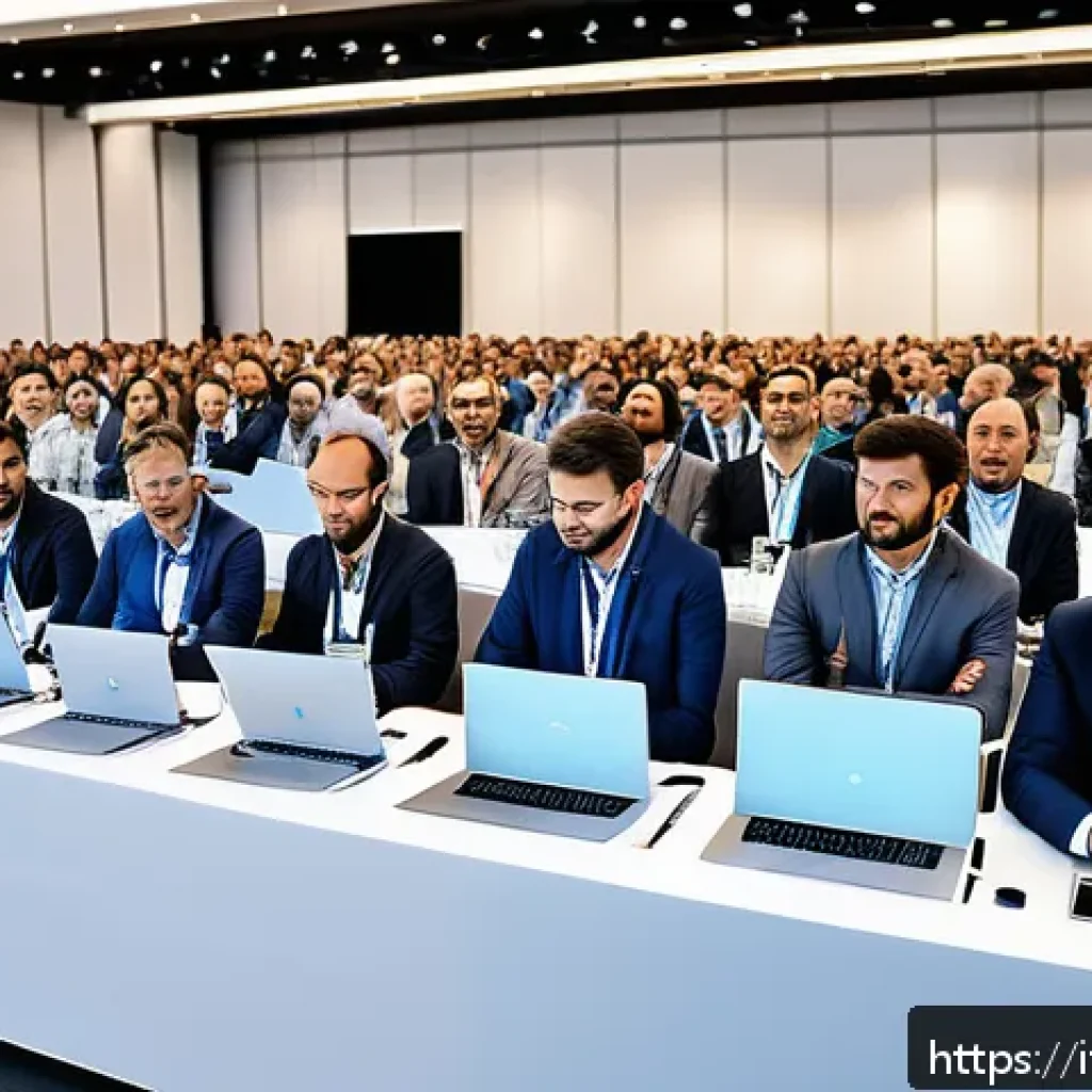 전자기술사와 관련된 협회 및 단체 소개 - A modern professional conference scene set in a large, well-lit convention hall in Italy, filled wit...