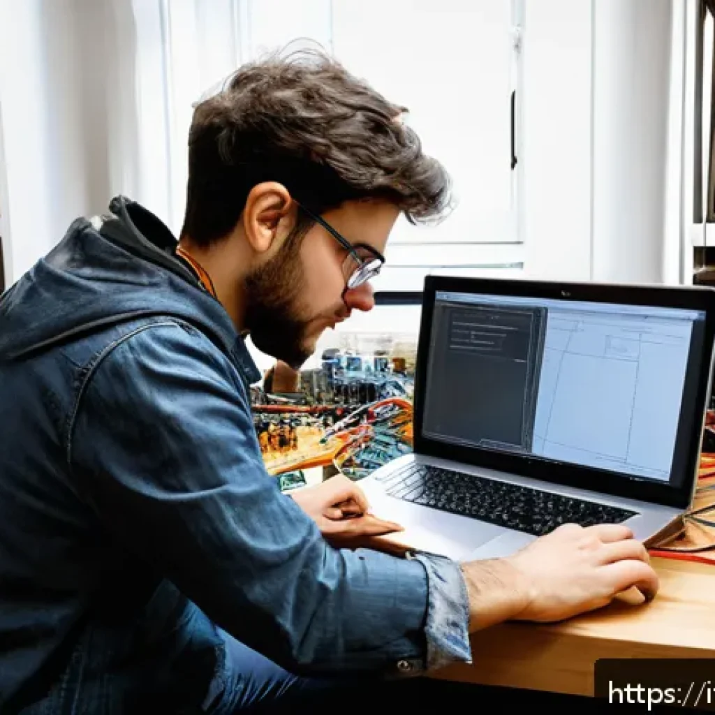 전자기술사와 직무 적응 경험 공유 - A young Italian electronics engineer in a modern, well-lit home workshop, wearing casual clothes and...