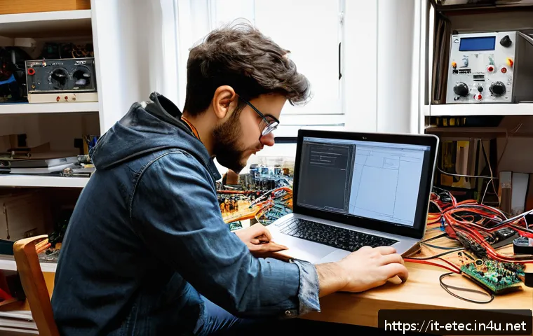 전자기술사와 직무 적응 경험 공유 - A young Italian electronics engineer in a modern, well-lit home workshop, wearing casual clothes and...