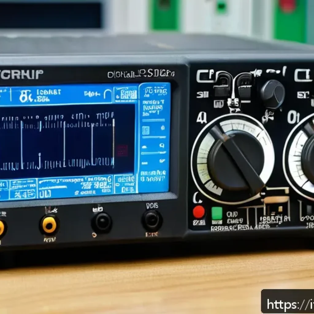전자기술사 실기 시험 주요 장비 소개 - A detailed close-up of a modern digital multimeter with an illuminated clear LCD screen displaying v...