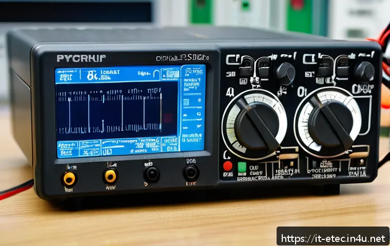 전자기술사 실기 시험 주요 장비 소개 - A detailed close-up of a modern digital multimeter with an illuminated clear LCD screen displaying v...