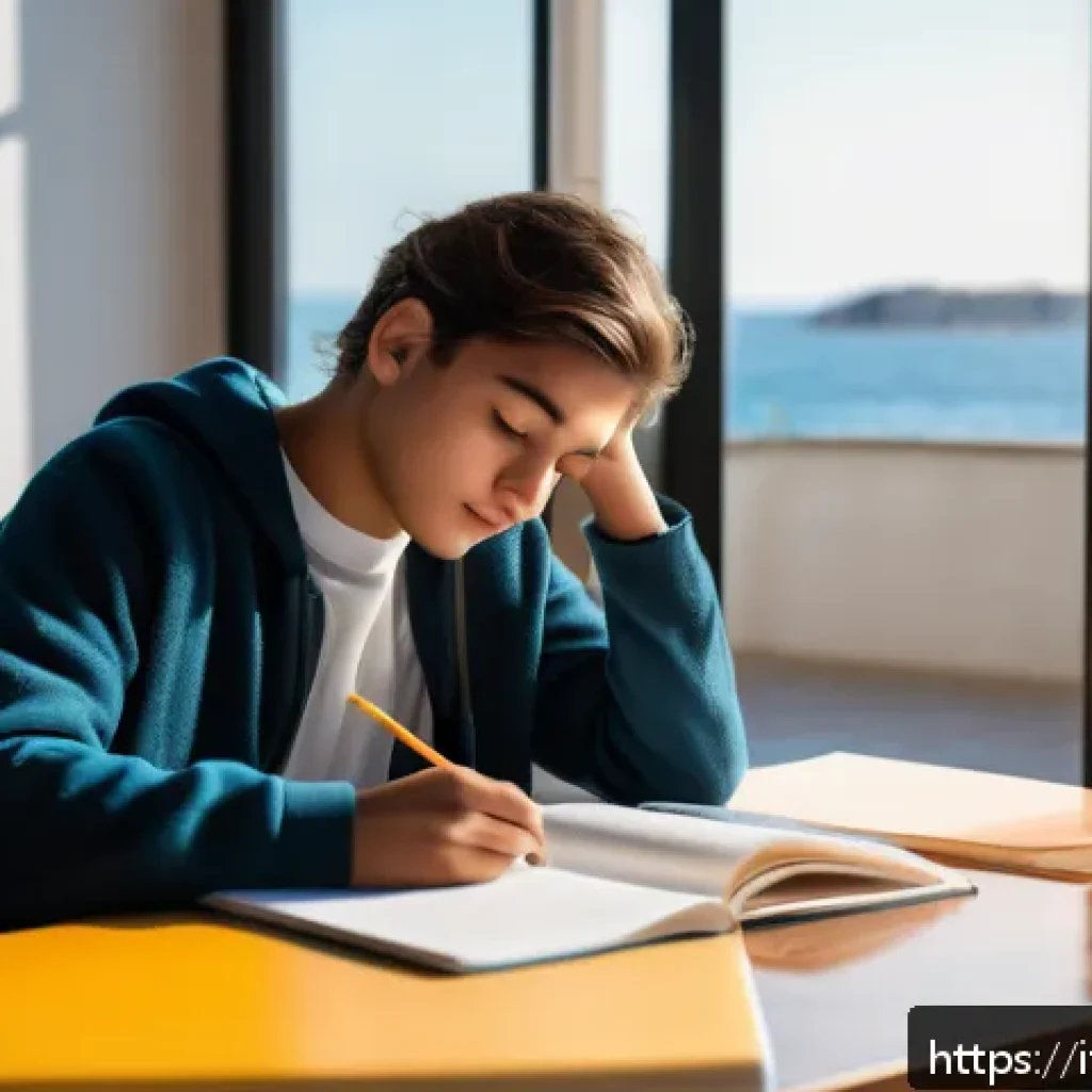 전자기술사와 시험 준비의 심리적 관리 - A young Italian student sitting at a tidy desk in a bright, cozy room with large windows showing a s...