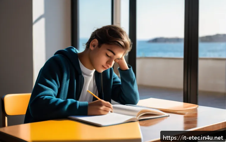 전자기술사와 시험 준비의 심리적 관리 - A young Italian student sitting at a tidy desk in a bright, cozy room with large windows showing a s...
