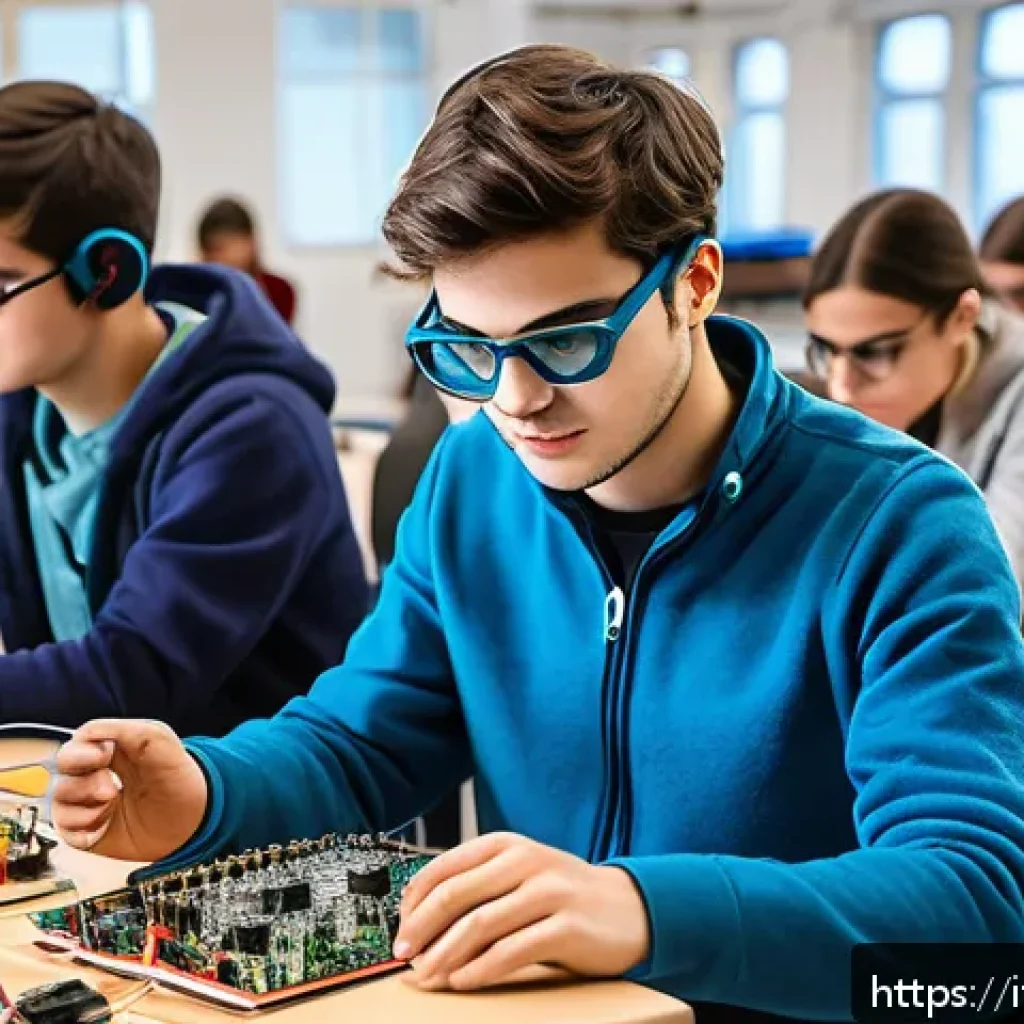 전자기술사와 전자공학 실험 사례 연구 - A modern electronics laboratory scene featuring diverse students wearing casual clothes and safety g...