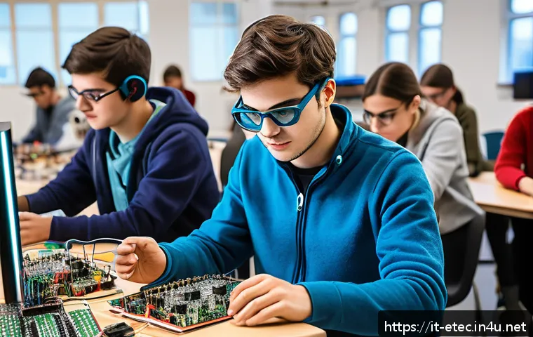 전자기술사와 전자공학 실험 사례 연구 - A modern electronics laboratory scene featuring diverse students wearing casual clothes and safety g...