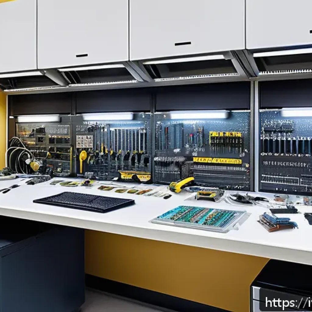 전자기술사 관련 실험실 안전 가이드 - A well-organized electronics laboratory workspace featuring neatly arranged tools and components on ...