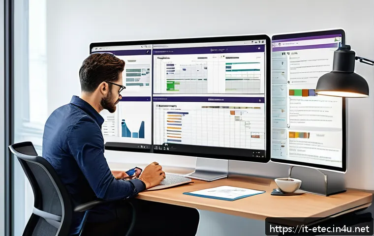 전자기술사 업무일기 작성법 - A modern office workspace with a professional Italian engineer or technician sitting at a sleek desk...