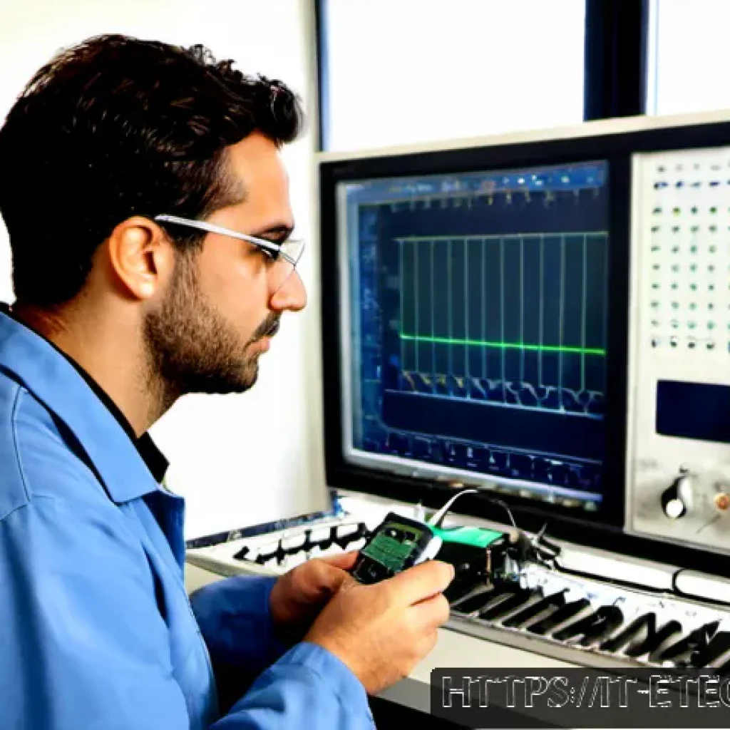 전자기술사와 관련된 실무 경험 보고서 작성 - Photorealistic Italian electronics engineer in a modern Milan industrial laboratory, carefully inspe...