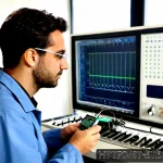 전자기술사와 관련된 실무 경험 보고서 작성 - Photorealistic Italian electronics engineer in a modern Milan industrial laboratory, carefully inspe...